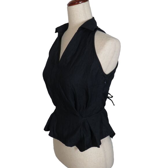 OGL Navy Linen Blend Collared V Neck Sleeveless Tie Waist Top Size Small - Picture 6 of 11